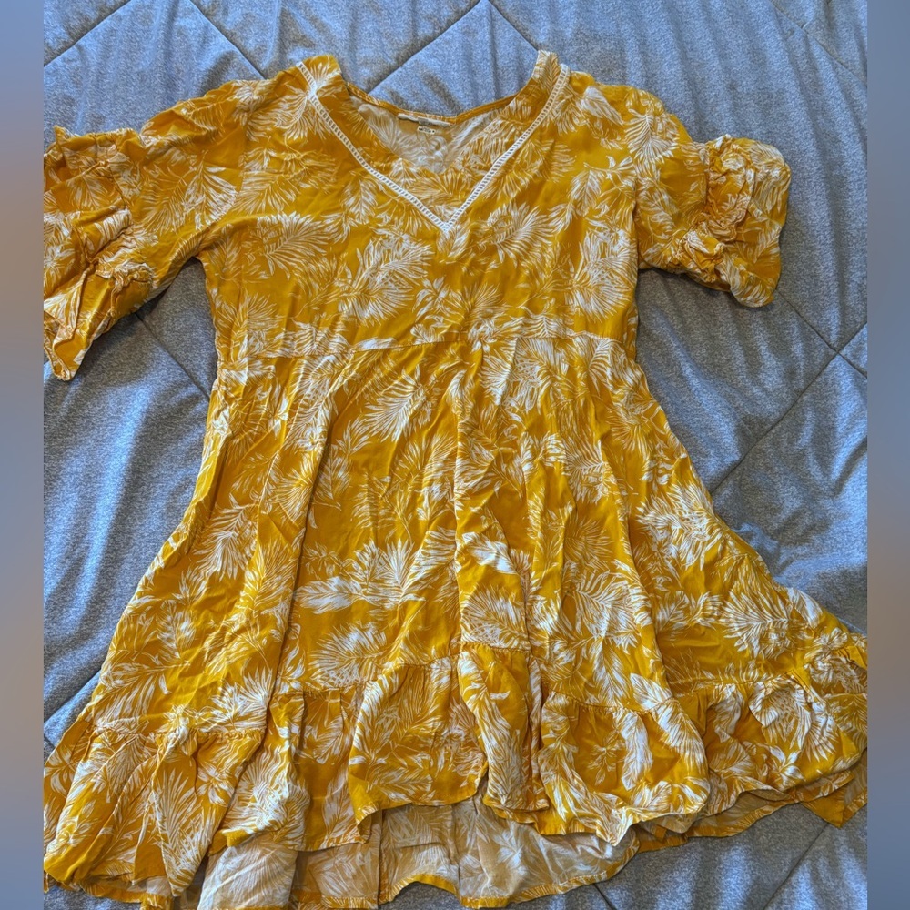Yellow Tropical Palm Print Ruffle Mini Dress V-Neck Boho Summer Sun Dress